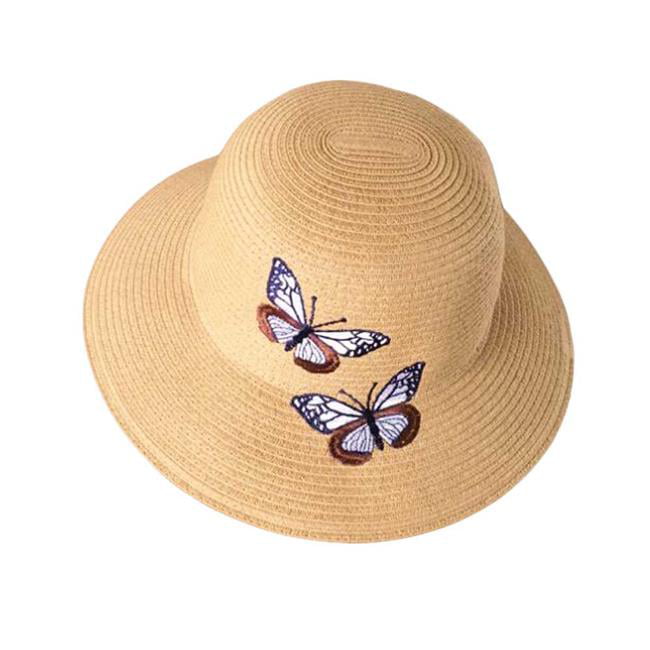 PANDA SUPERSTORE Foldable Summer Straw Hat Butterfly Embroidery Beach Cap Holiday Travel Beach 