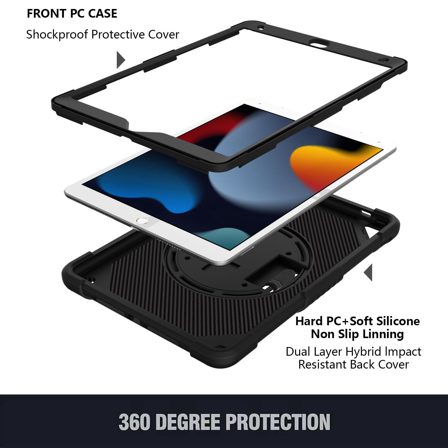 For Apple iPad 9th /8th /7th Gen 10.2 inch 3-in-1 Tough Hybrid Shockproof Protector Silicone TPU with Pencil Holder, Kickstand, Hand & Shoulder Strap Case Cover [Black]