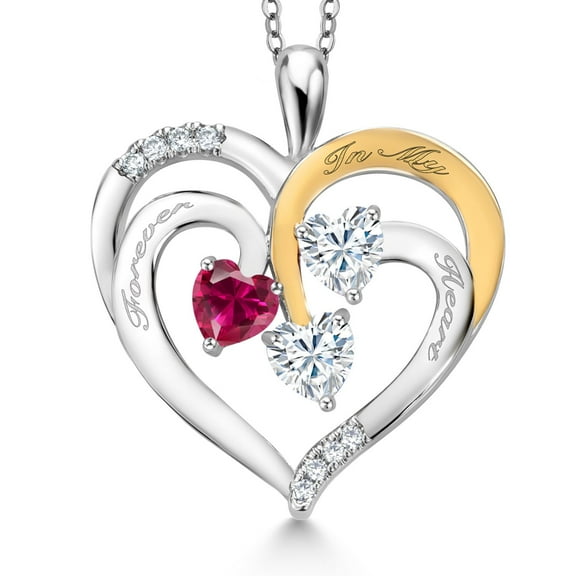 Gem Stone King Two Tone Red Created Ruby and White Moissanite `Forever in My Heart` Engraved Pendant Necklace for Women (1.44 cttw, Heart Shape 5MM, 18 inch Chain)