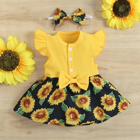 

Hunpta Kids Girls Toddler Beach Sunflowers Prints Fly Sleeves Infant Floral Princess Bowknot Girls Romper Hairband 2pcs Outfit Set
