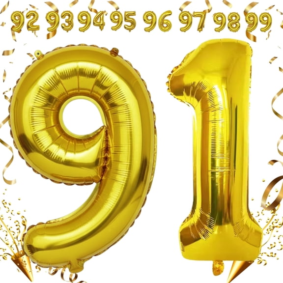 32 inch Giant Gold Foil Mylar Number 91 Balloon for Helium & Air Filled - Self-Seal Metallic Balloons for 91st Birthday, Anniversary, Graduation