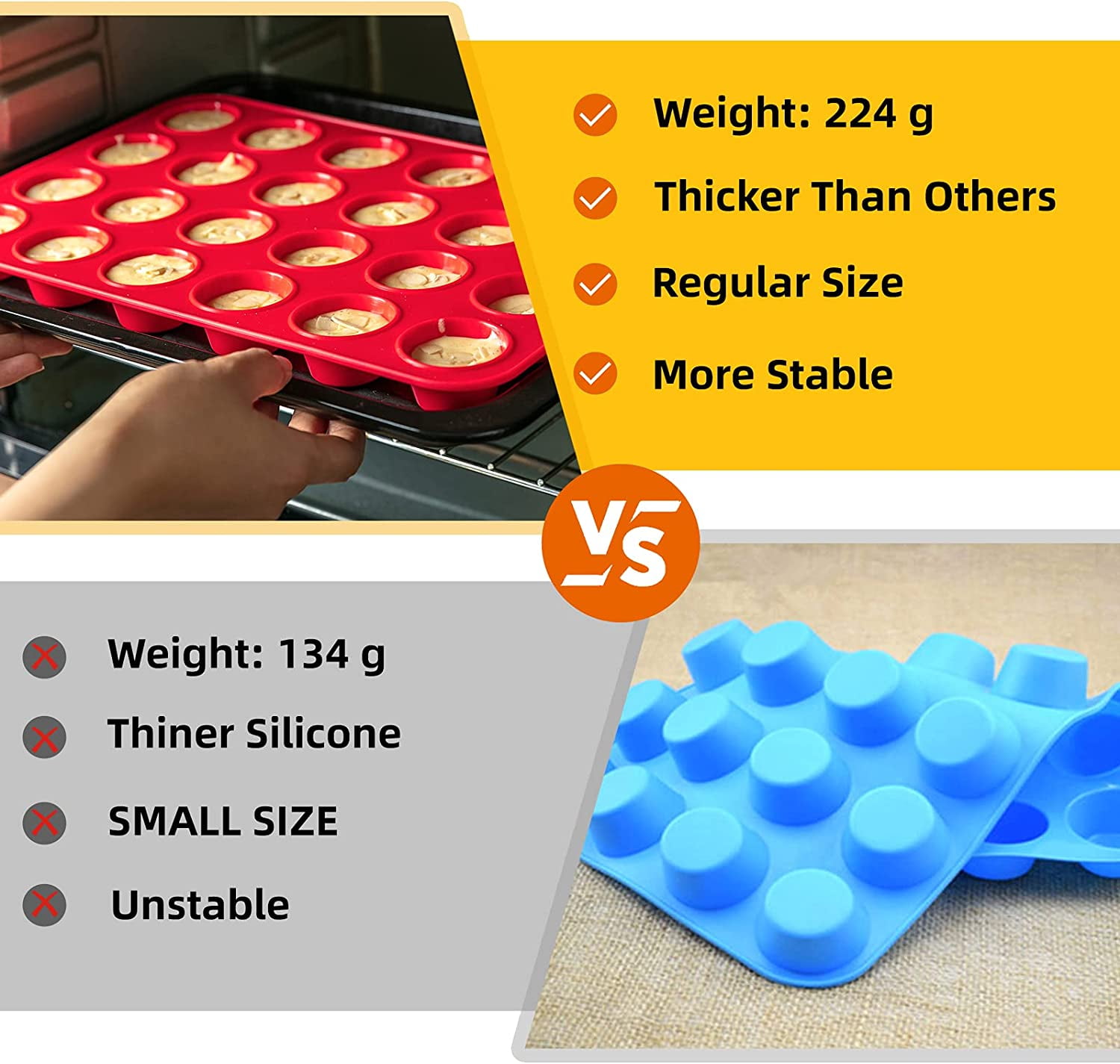 Katbite Silicone Mini Muffin Pan 24 Cups Cupcake Pan Food Grade Silicone Molds for Baking,Red