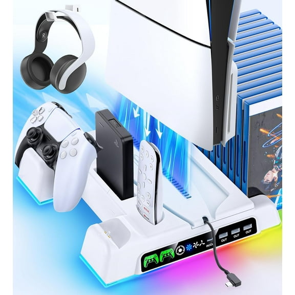 PS5/PS5 Slim/Pro Stand and Cooling Station with Controller Charging Station, PS5 Controller Charger, PlayStation 5/PS5 Slim Accessories with 3 Level Cooling Fan