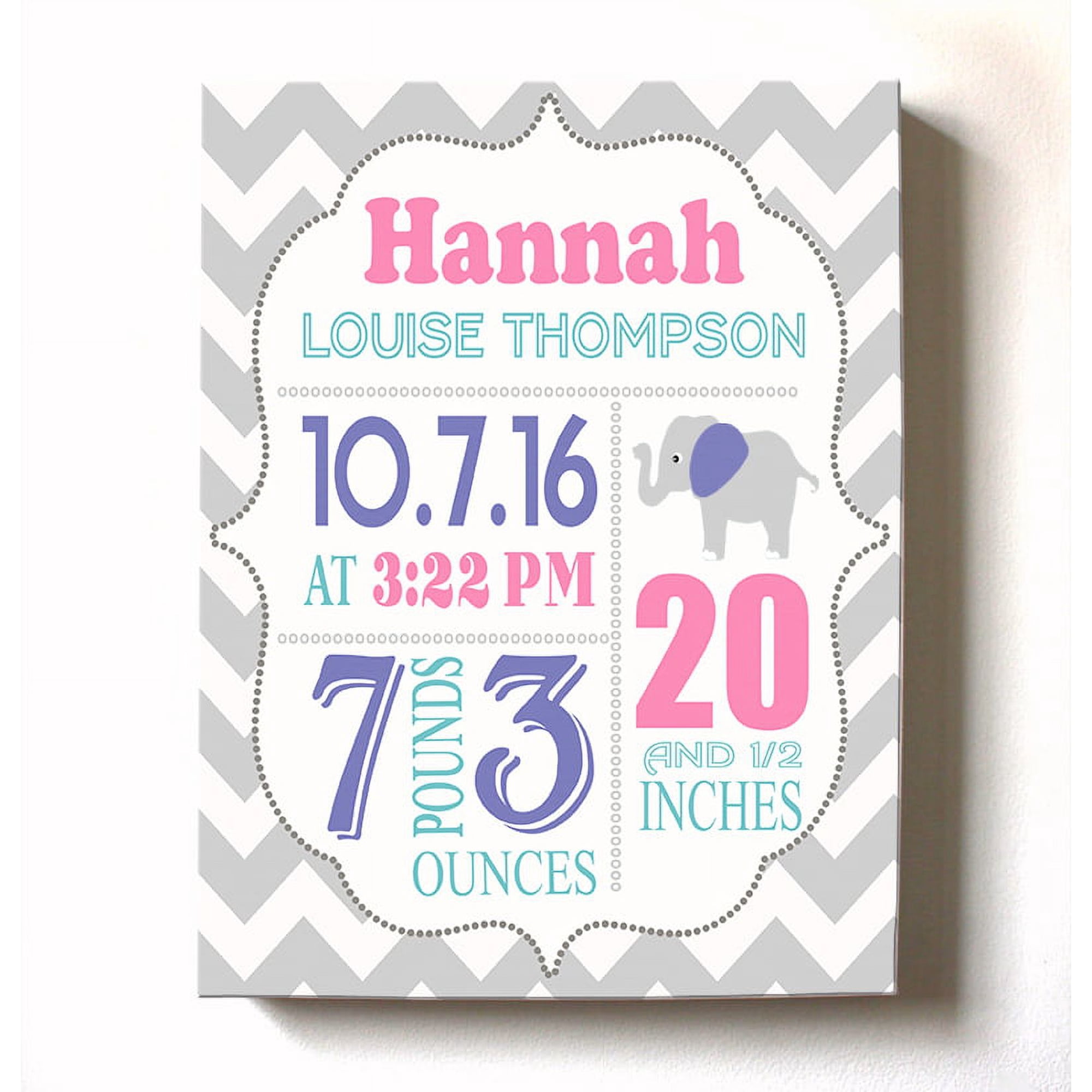 Personalized Canvas Birth Announcement Nursery Decor Gift, Elephant Design, Custom Name, Date, Weight & Length, Unique Boys & Girls Baby Shower Wall Art Presents, Color Gray # 3, Size - 8X10
