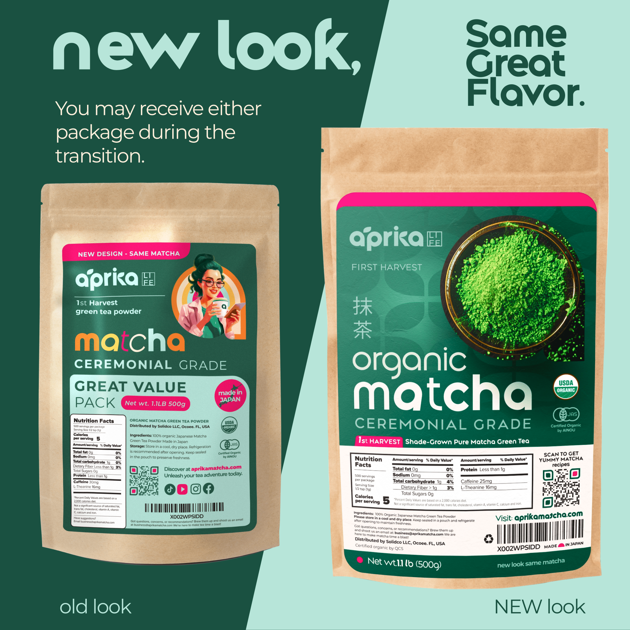 Aprika Life Japanese Ceremonial Matcha Green Tea Powder USDA & JAS Organic Premium, First Harvest from Japan 500g / 1.1 lbs