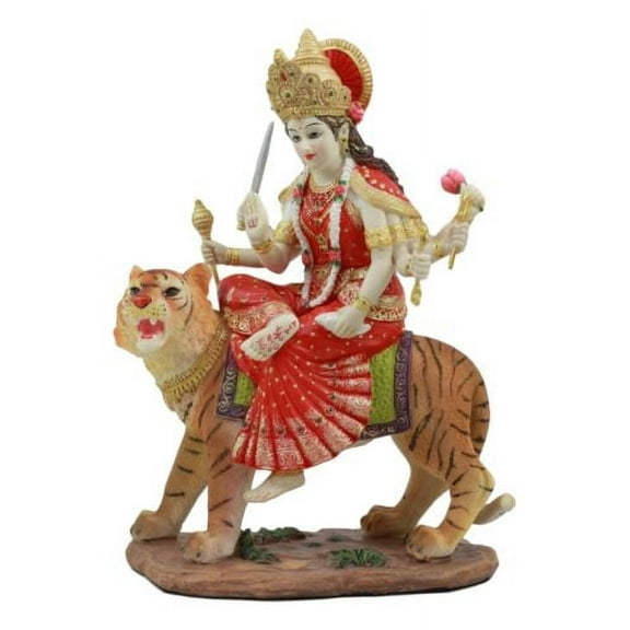 Hindu Goddess Durga Wearing Red Sari Riding On Tiger Figurine 8.5" Tall Statue