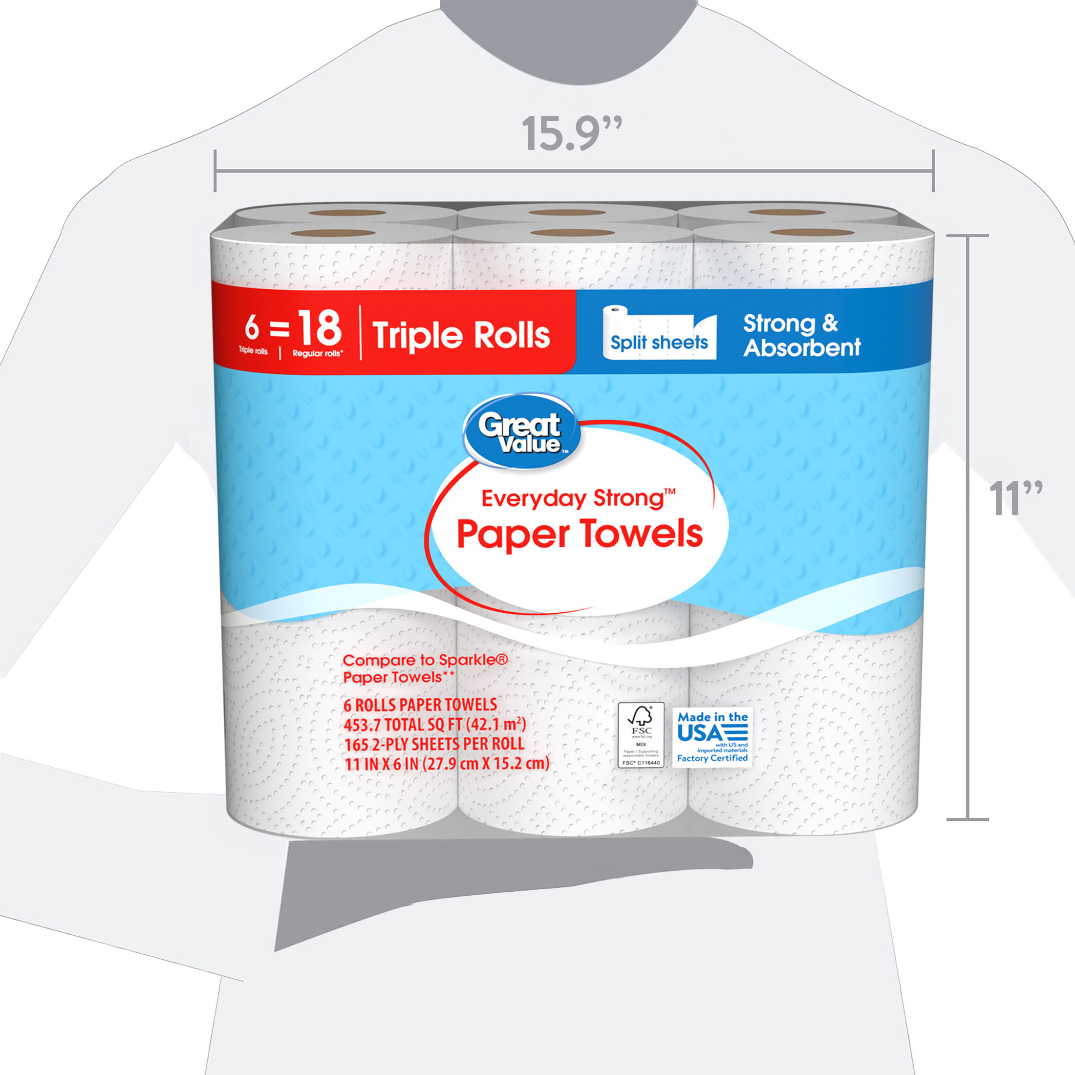 Great Value Everyday Strong Paper Towels, 6 Triple Rolls photo 6