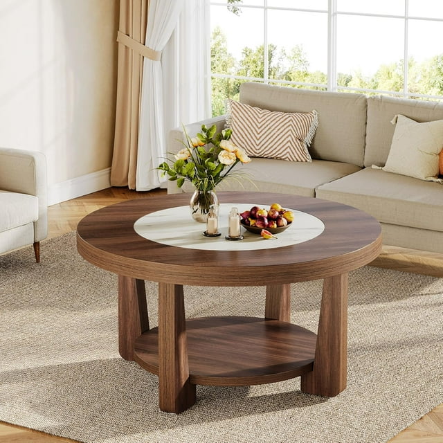 Tribesigns Brown and White 2-Tier Round Coffee Table, Industrial Circle Wood Center Table with Storage Shelf and Thick MDF Tabletop for Living Room