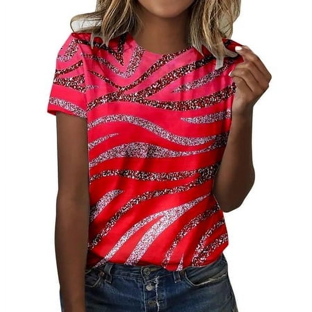 LUOGENLI T-shirts pour Femmes Été Décontracté Col Rond Manches Courtes Haut Dégradé de Couleur Texture Imprimé T-shirts pour Femmes Tee Graphique Vêtements d'Été Amusants Rouge m