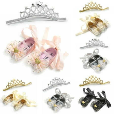 

Baby Girl Canvas Bowknot Sequins Crib Shoes+Headband Princess First Shoes