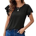 thumbnail image 2 of Camisa de manga corta abombada para mujer, cuello redondo, Top con ojales de ganchillo, suave, informal, para uso diario, oficina, escuela, compras, 2 of 6