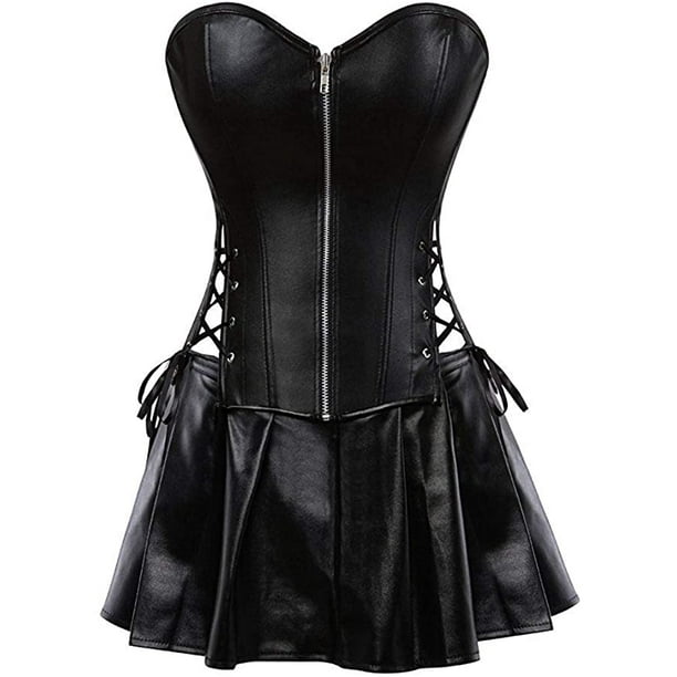 Women's Plus Size Leather Steampunk Corset Skirt Set Sexy Punk Rock Gothic Corset  Dress 