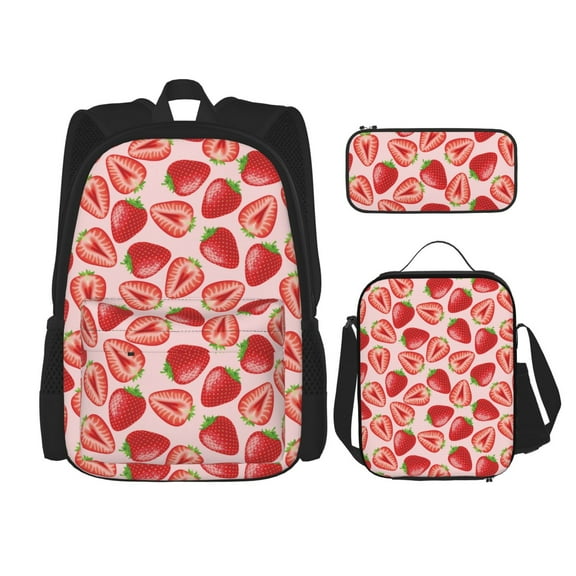Naloa Cute Strawberry Print Large Capacity Backpack Lunch Bag Pencil Case Combination 3 Piece Set for Student