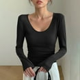 thumbnail image 2 of BiZtdJrK Basic Tees for Women U Neck Long Sleeve Solid Casual Cropped Tops Lightweight Stretch Undershirts Fall Trendy T Shirts Black XL, 2 of 6