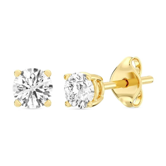 Gilded 1 Carat Total Weight Lab-Grown Diamond 14KT Gold Plated Silver Stud Earrings for Women | Hypoallergenic Fine Jewelry | 4-Prong Basket, Push Back Nut | SI1 Clarity, F Color, Round Cut