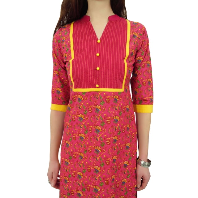 Phagun Tunique en Coton Imprimé pour Femme, Manches 3/4, Kurti Indienne Droite Rose - 18