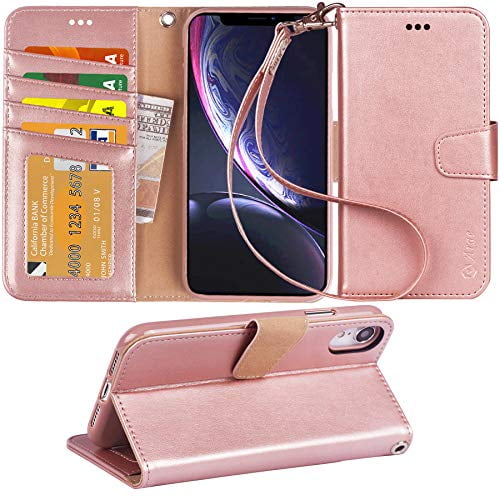 ID&Credit Cards Pocket for iPhone 11 6.1 inch iPhone 11 case Stand Feature Rose Gold 4-Slots Arae PU Leather Wallet case with Wrist Strap and
