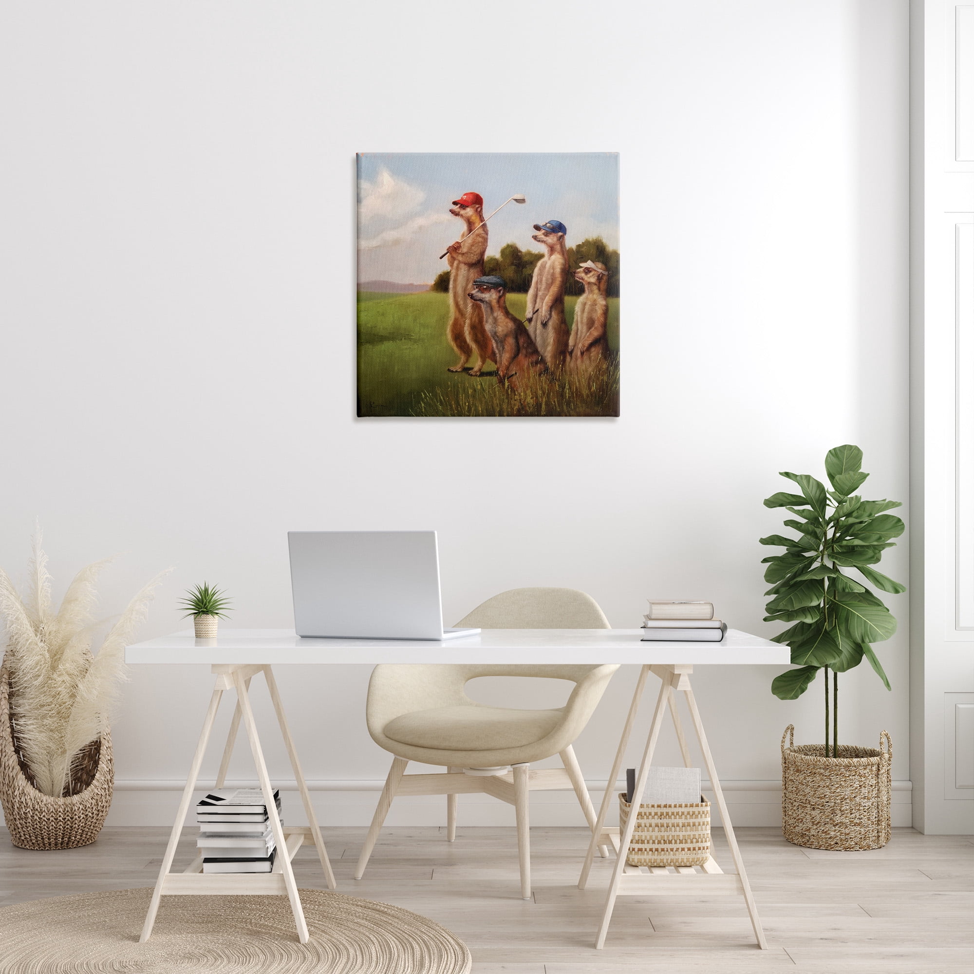 Meerkats Playing Golf in Hats and Sunglasses Painting Stretched Canvas Wall Art, 30 x 30