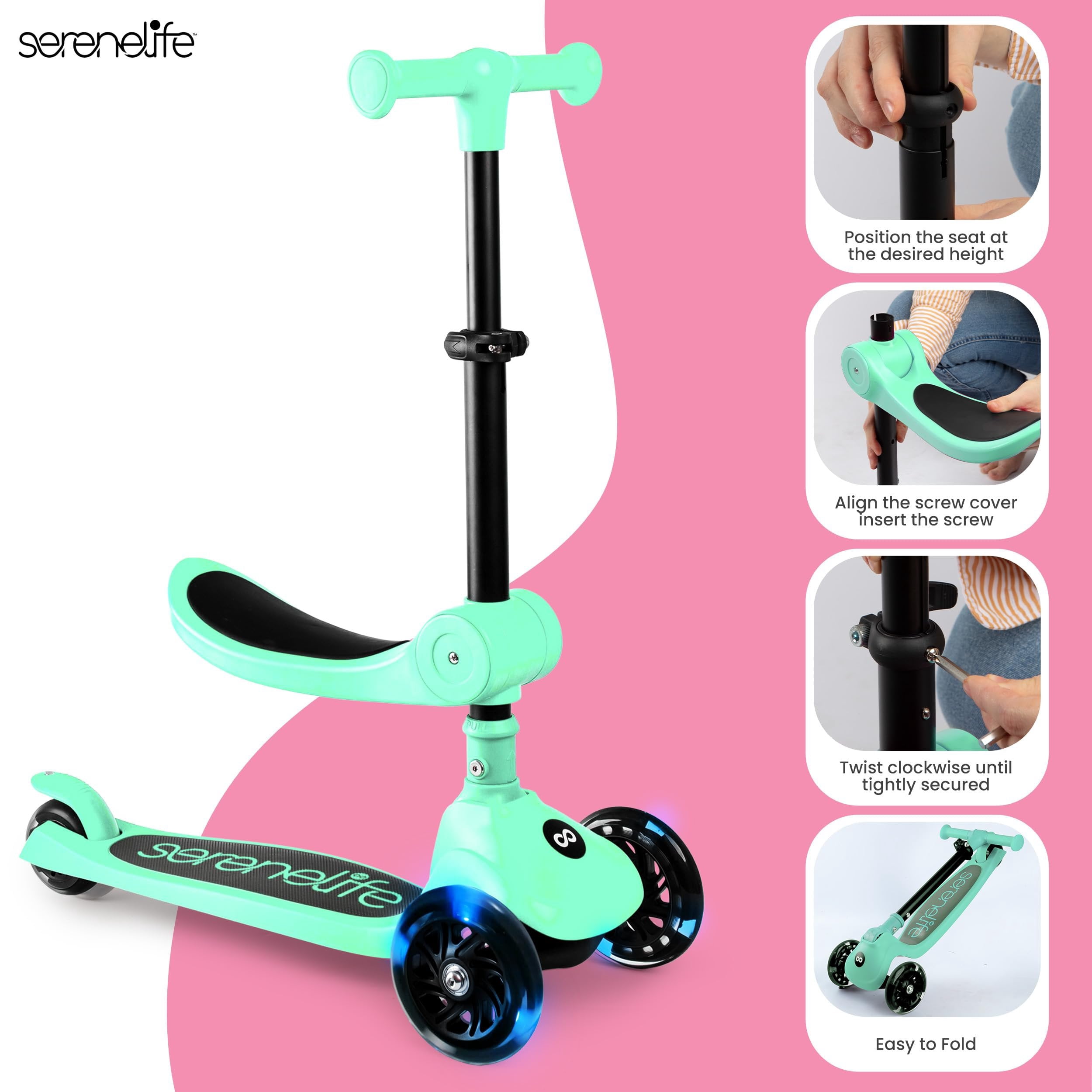 SereneLife 3-Wheel Foldable Kids Scooter  LED Wheel Lights, Adjustable Handlebar, Rear Foot Brake, Lean-to-Steer, Anti-Slip Deck  Ideal for Toddlers & Kids 2+, up to 110 lbs