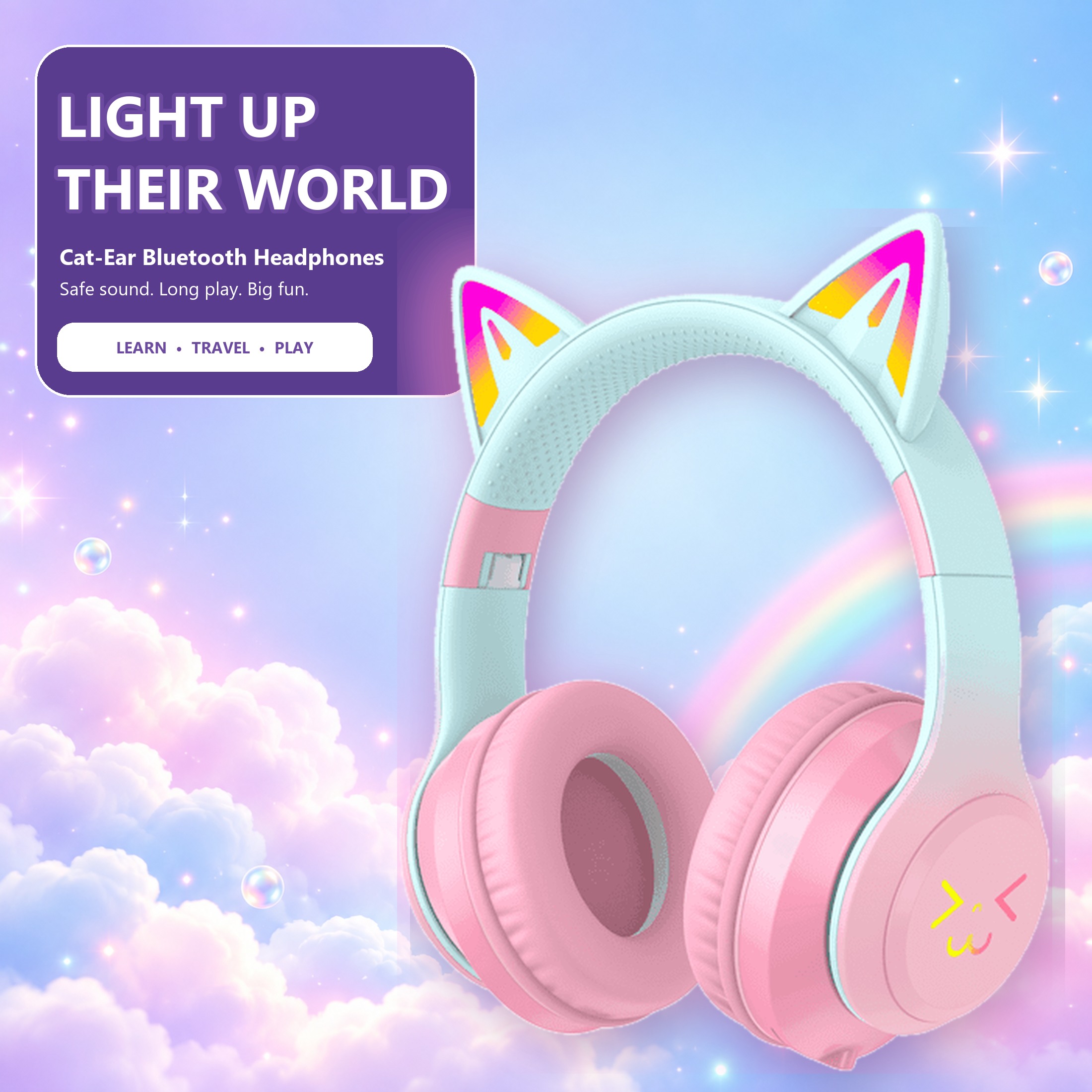 Hoey Cat Ear Kids Bluetooth Headphones, Pink photo 2