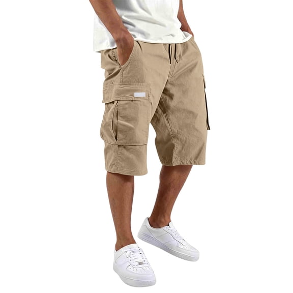 Zimjoy Men's Bermuda Long Cargo Shorts Below Knee Elastic Waist Drawstring Relaxed Fit Work Casual Shorts, Khaki L