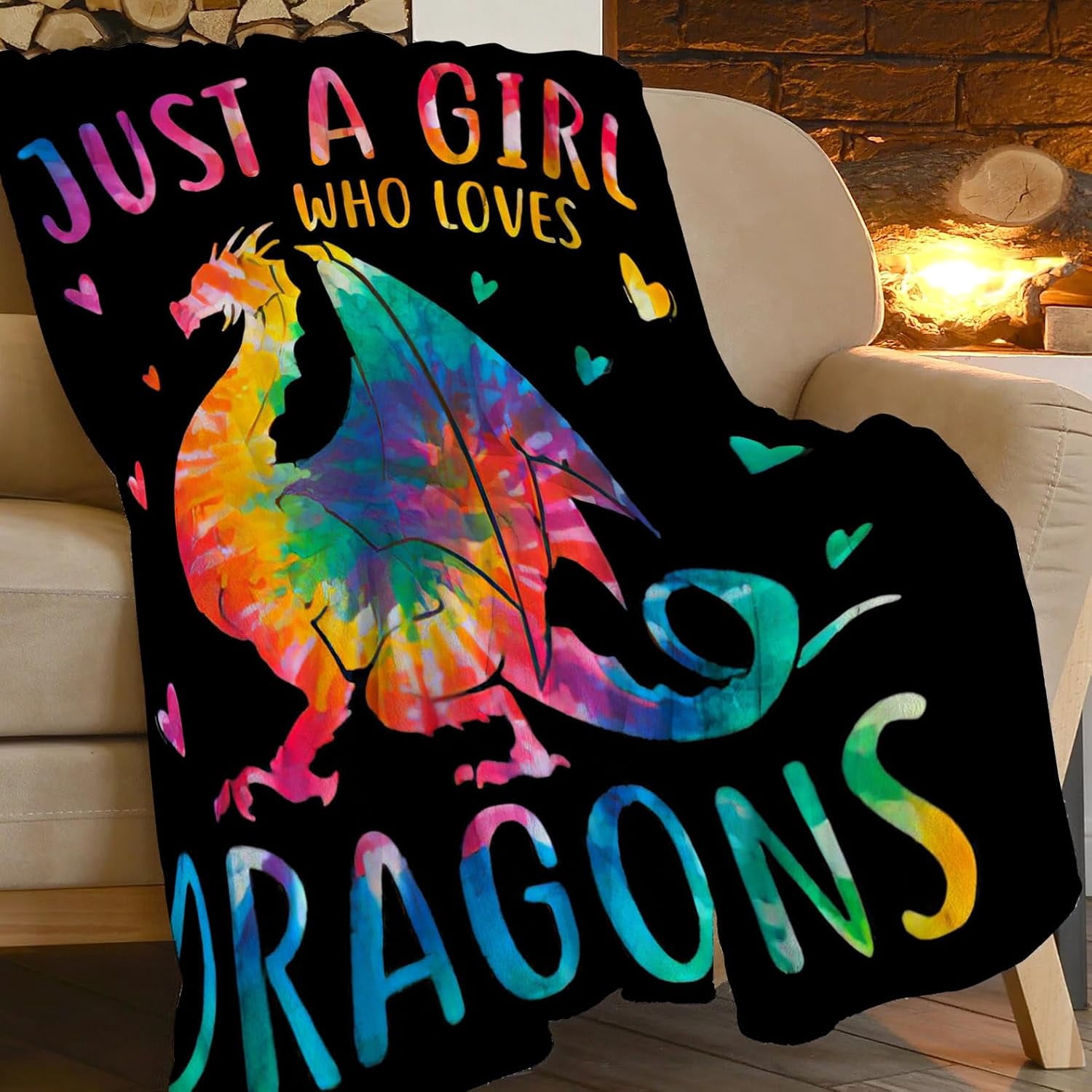 Just A Girl Who Loves Dragons Blanket Soft Warm Cozy Colorful Dragon Throw Blankets for Boys Girls Fuzzy Plush Blanket Fleece Lightweight Flannel Kid Adults Gift for Bed Couch Sofa 50"x40"