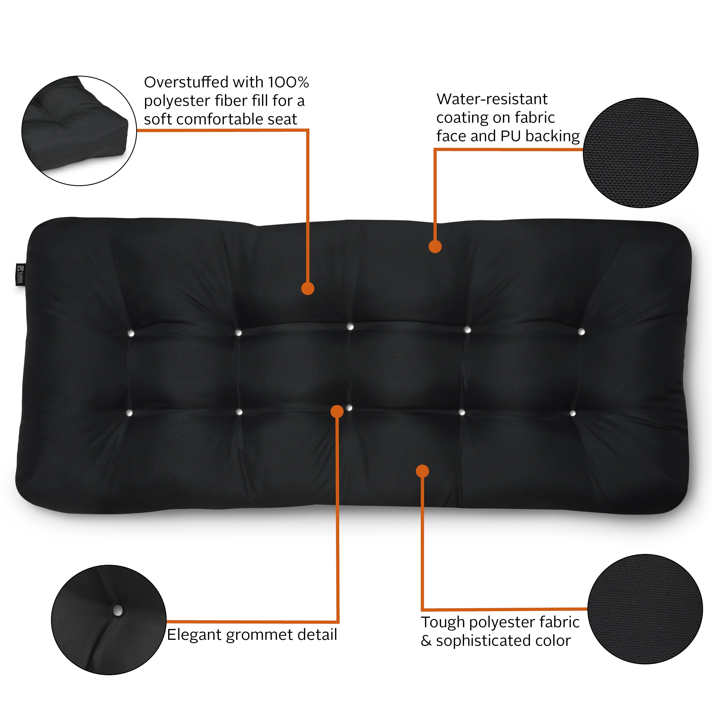 Classic Accessories Water-Resistant Indoor/Outdoor Bench Cushion Black 48"W x 18"D x 5"T