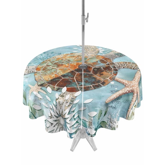 Outdoor Table Cloth with Umbrella Hole and Zipper, Sea Turtle Coastal Waterproof Round Tablecloth 54 Inch, Teal Nautical Starfish Botanical Washable Table Cover for Outside Party Patio Picnic