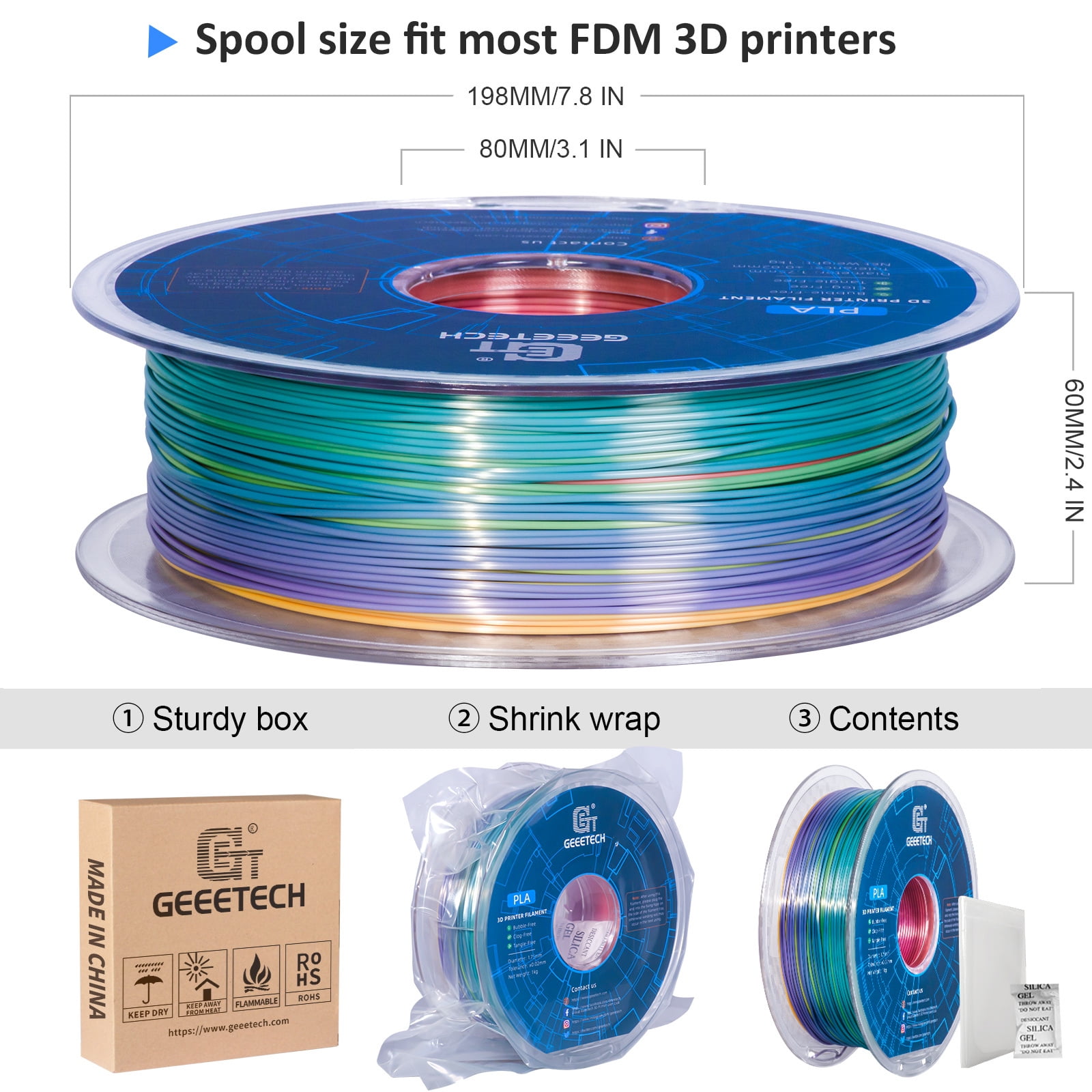Geeetech gradient color 3D Printer PLA Filament 1KG Toughness Enhanced Filament with 1.75mm Dimensional Accuracy +/-0.03mm, 1080 Feet per Roll, Vacuum Packaging