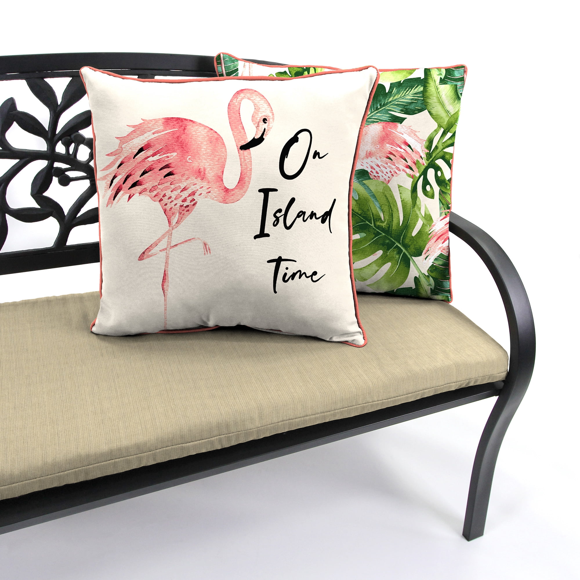 Jordan Manufacturing 16" x 16" On Island Time Flamingo Cream Novelty and Multicolor Leaves Reversible Square Outdoor Throw Pillow