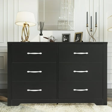 HONGGE 6 Drawers Dresser for Bedroom, Wood Chest of Drawers, Black Finish