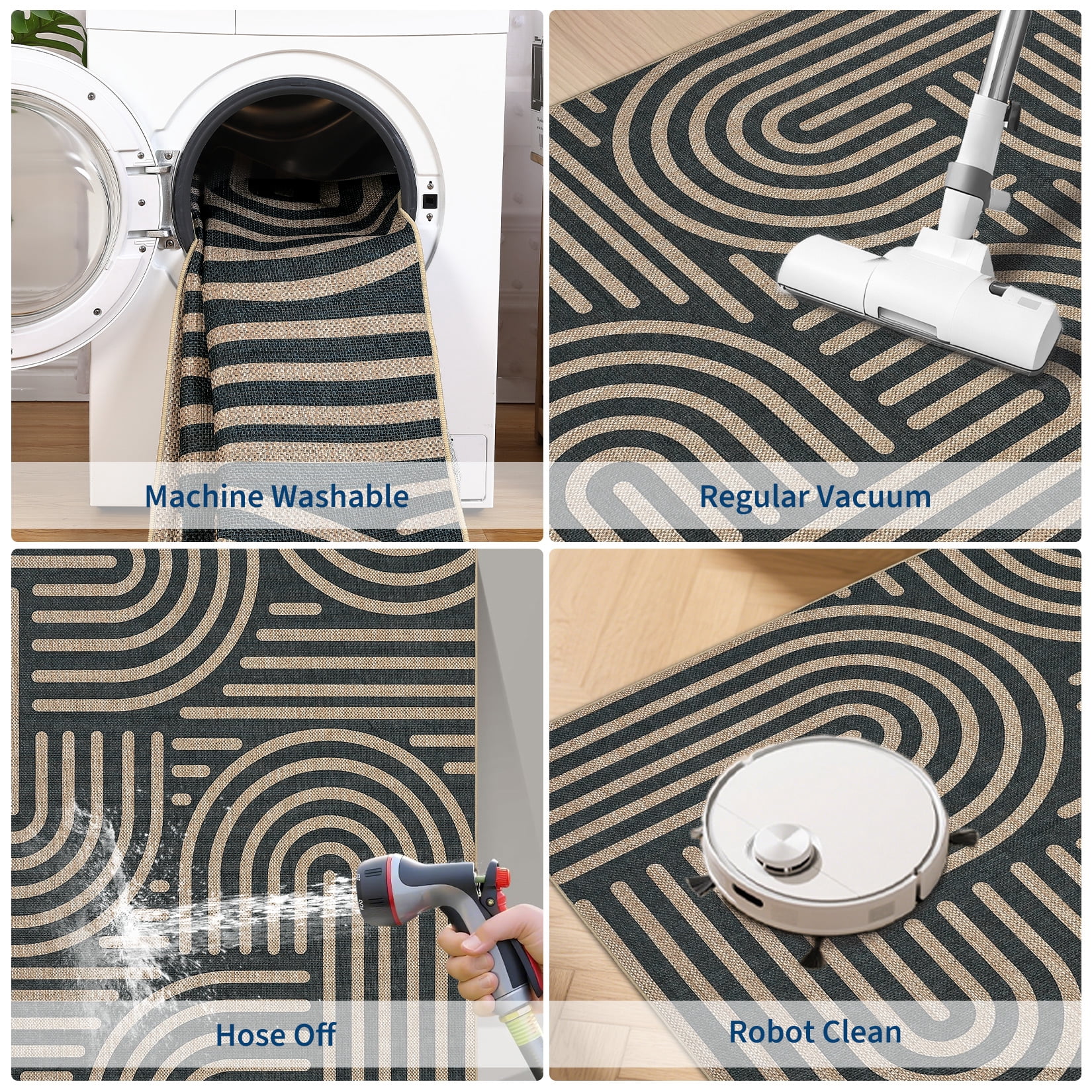 Garvee 10'x13' Geometric Area Rug Easy Jute Carpet, Abstract Washable Rug Rainbow Non Slip Indoor Outdoor Accent Rug for Living Room Bedroom Dining Room Balcony Patio, Black