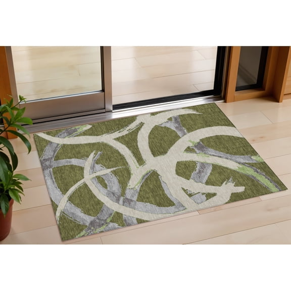 3' X 5' Olive Green Beige And Gray Abstract Washable Indoor Outdoor Area Rug