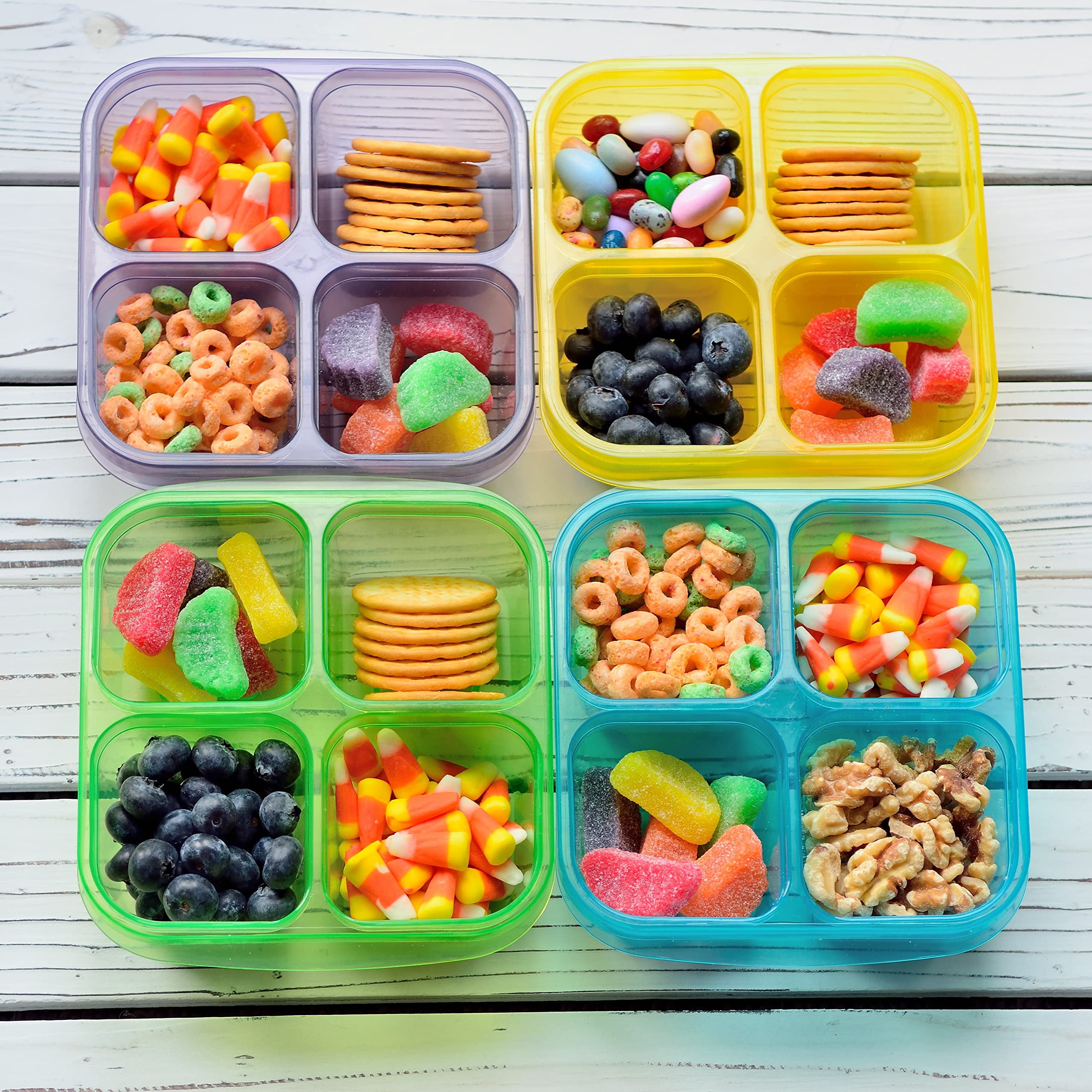Youngever 8 Pack 4-Compartment Reusable Snack Box Food Containers, Bento Lunch Box, Meal Prep Containers, Divided Food Storage Containers (Rainbow Color Container)