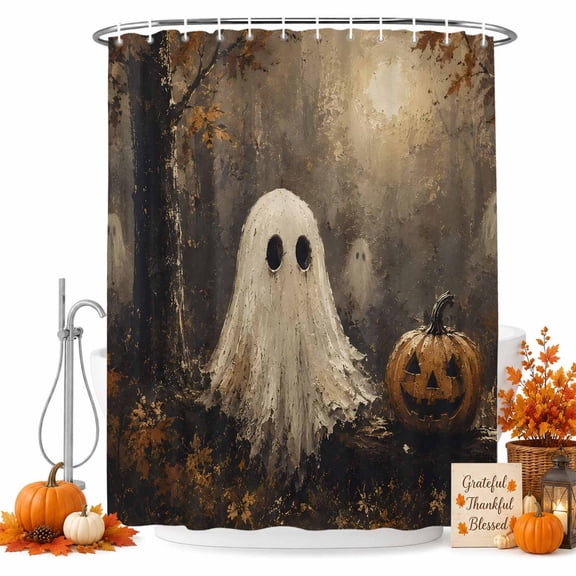 Halloween Shower Curtain Set with Hooks, Vintage Forest Ghost Pumpkin Sturdy Water Repellent Shower Curtains for Bathroom Bathtub, Machine Washable 72x72 Inch