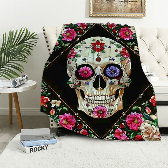 JRXY  Sugar Skull Blanket Gifts for Women - Presents for Men Day of The Dead Halloween Christmas Birthdays Decor Home Bedroom Couch Sofa Soft Comfy Spooky Sherpa  White