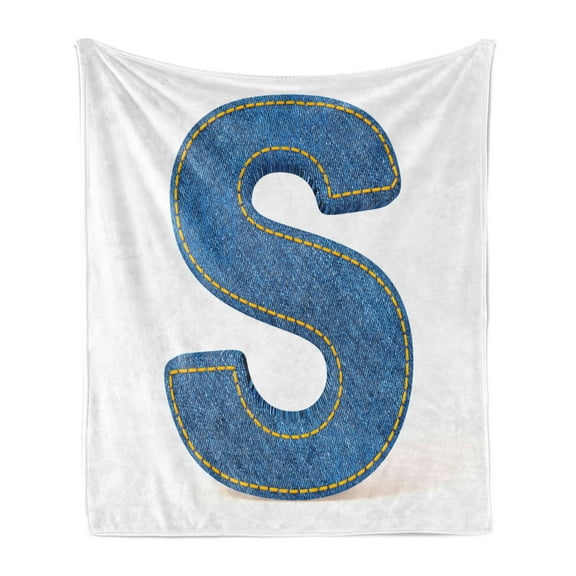 Letter S Soft Flannel Fleece Throw Blanket, Retro Style Denim Letter Character on White Background Conceptual Typography, Cozy Plush for Indoor and Outdoor Use, 50" x 60", Blue Yellow, by Ambesonne