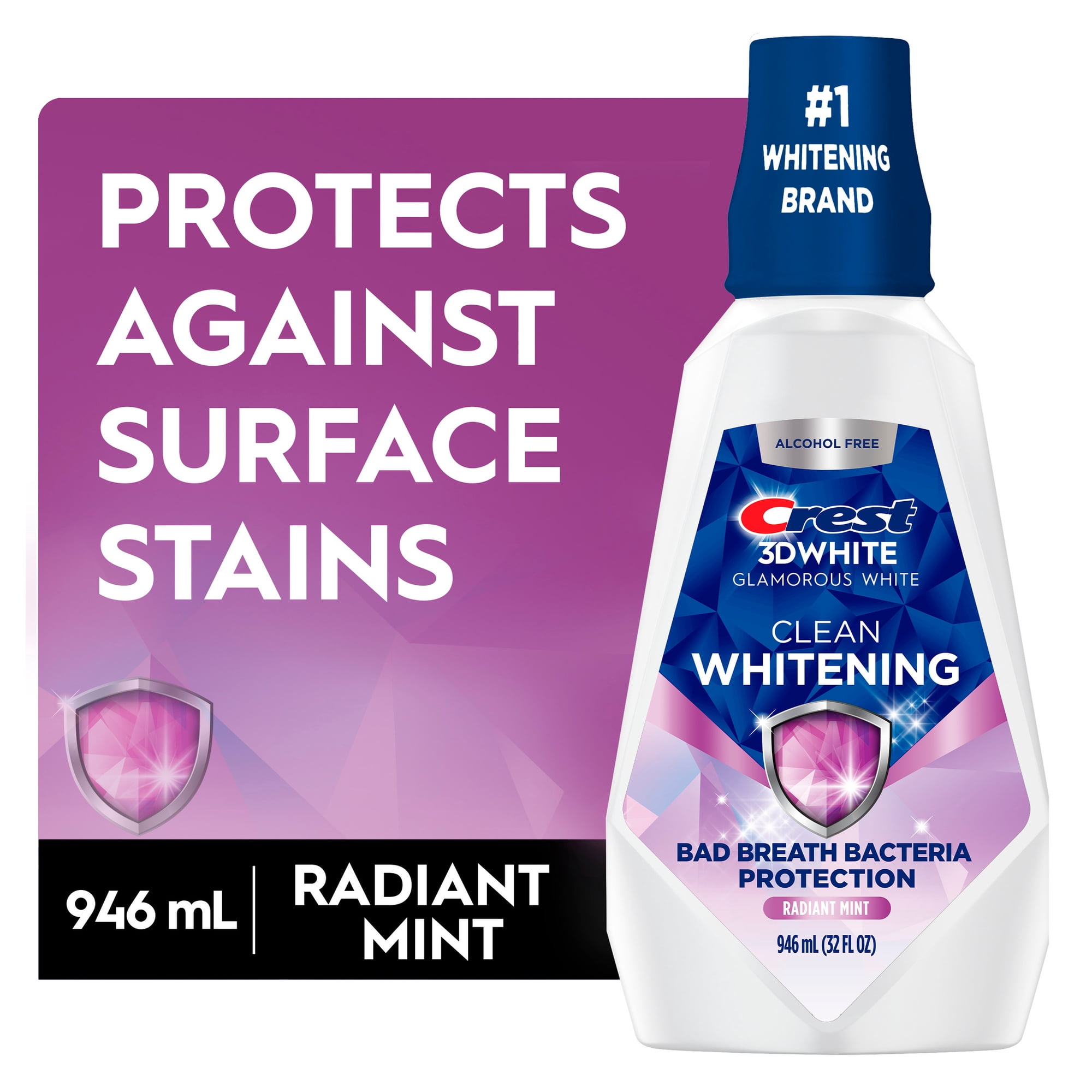 Crest Mouthwash 3D White Clean Whitening, Breath Protection, Alcohol-Free, Radiant Mint Flavor, 32 fl oz