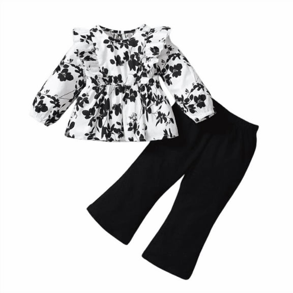 Baby Girl Clothes Newborn Girl Floral Outfit Ruffle Sleeve Shirt & Pant Set Fall Winter Clothing for Girl (3-6M, Black)