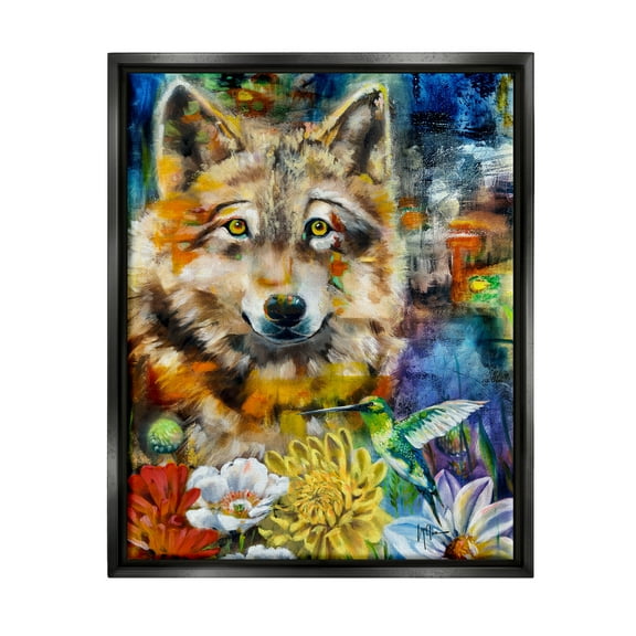 Stupell Industries Wolf with Abstract Florals Animals & Insects Painting Black Floater Framed Canvas Art Print Wall Art, 17 x 21