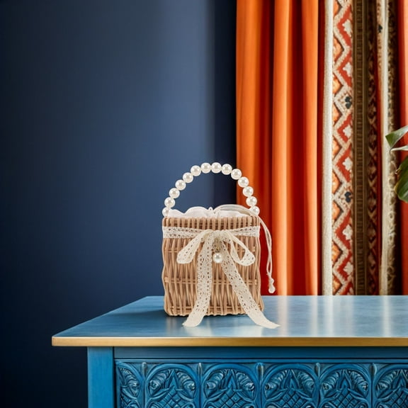 ELAYARD Square Straw Handbag with Lace Ribbon Light Yellow Stylish Beach Bag for Women 1 Set