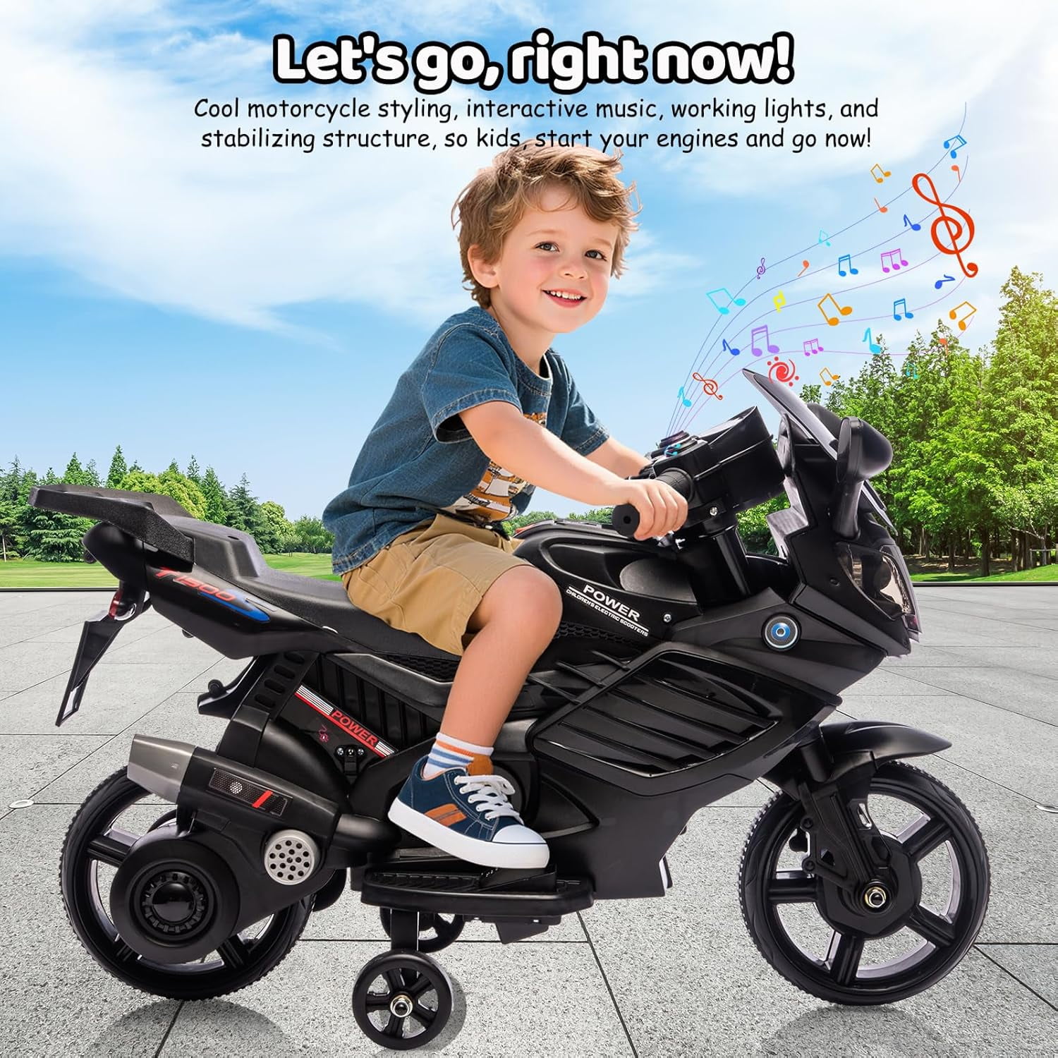 Trilenars 6V Motorcycle, Electric Ride On Car Toy with Training Wheels, Working Headlight, Horn & Music, Battery PoweRed Ride On Motorcycle Toy for Ages 3-6,Black