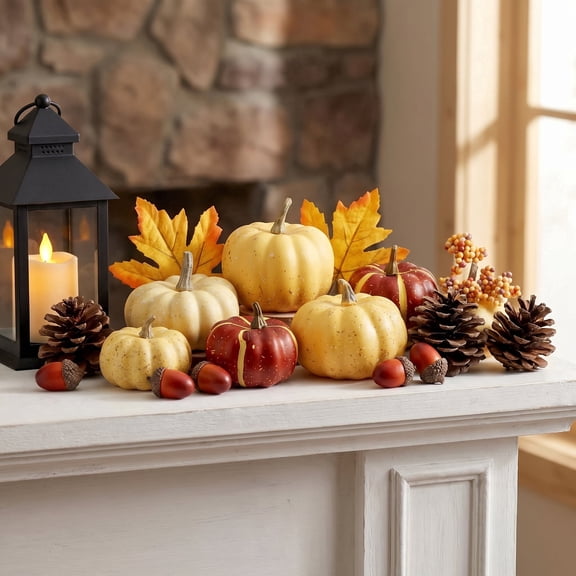 Pumpkin Decor Set, 23 PCS Fall Harvest Decorations Including Mini Pumpkins, Acorns, Pinecones, Berries, Maple Leaves for Home Table Wedding DIY Fall Halloween Thanksgiving Decor
