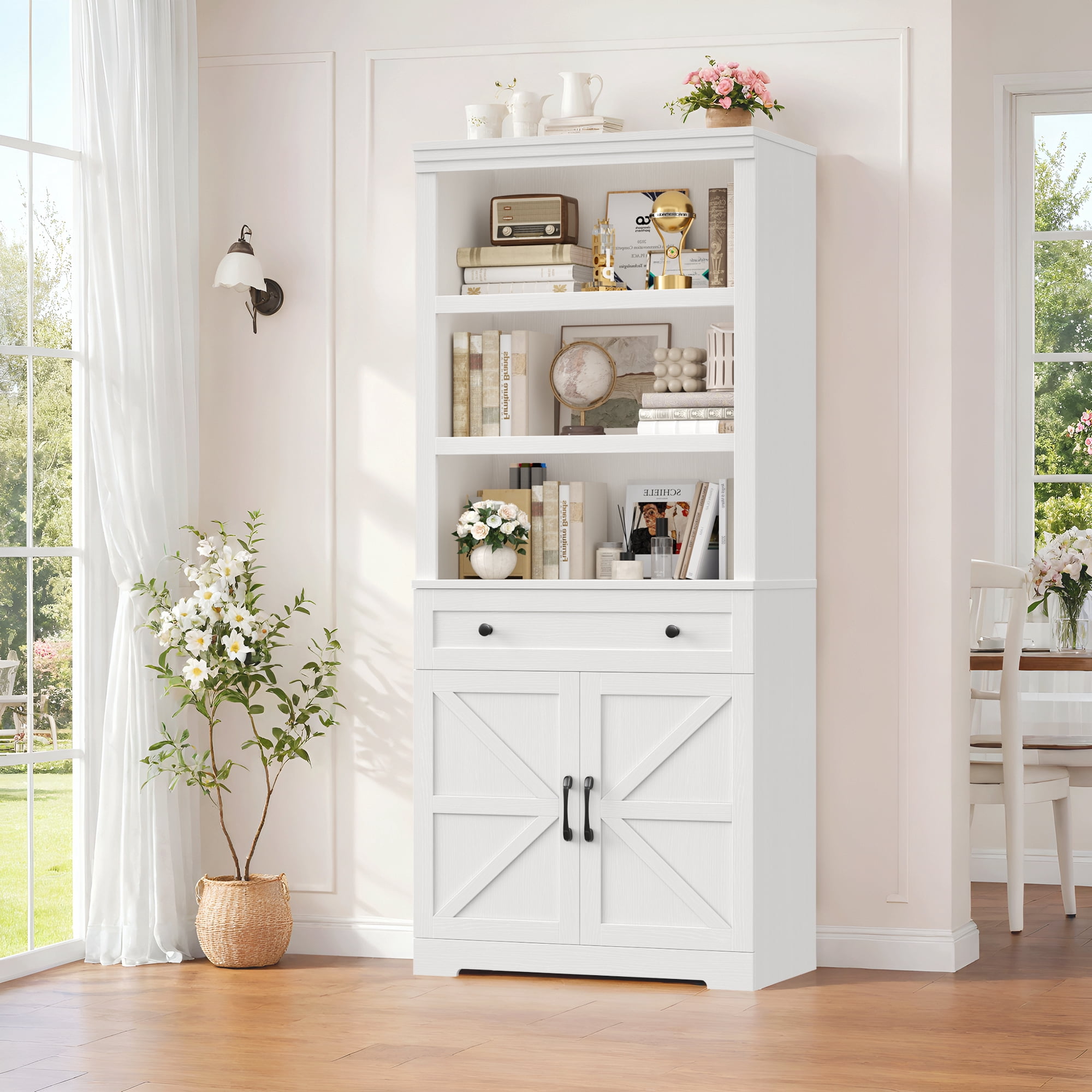 Hiphuta Bookcase with Doors, 71.6"Tall bookshelves with Storage, 5 Shelf Display Storgae Shelves, Bookshelves and Bookcases with 2 Doors for Home Office, Living Room, Bedroom, White