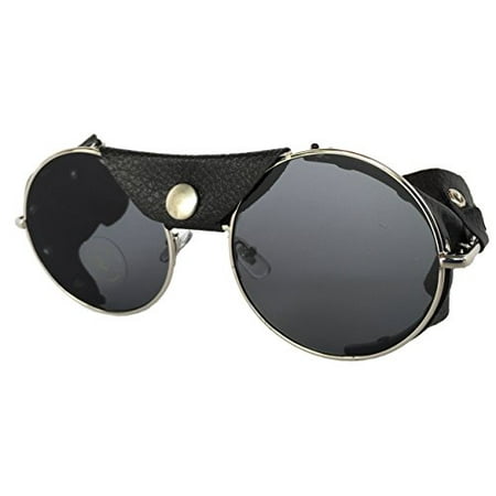 Road Vision Round Lens Motorcycle Sunglasses Steampunk Cycling (Chrome Frames, Flat Lens Grey)