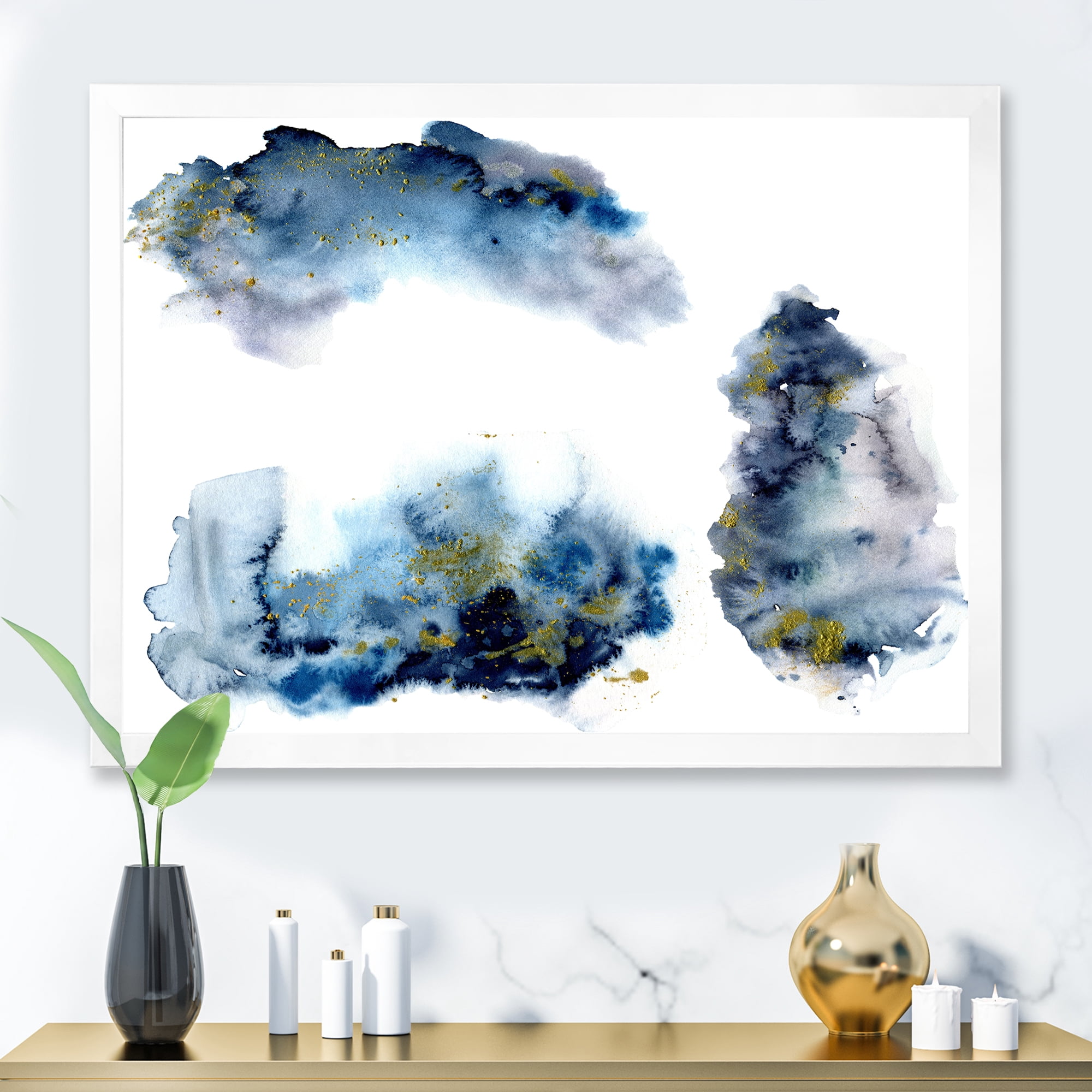 Designart 'Gray and Blue Clouds With Golden Glitter' Modern Framed Art Print