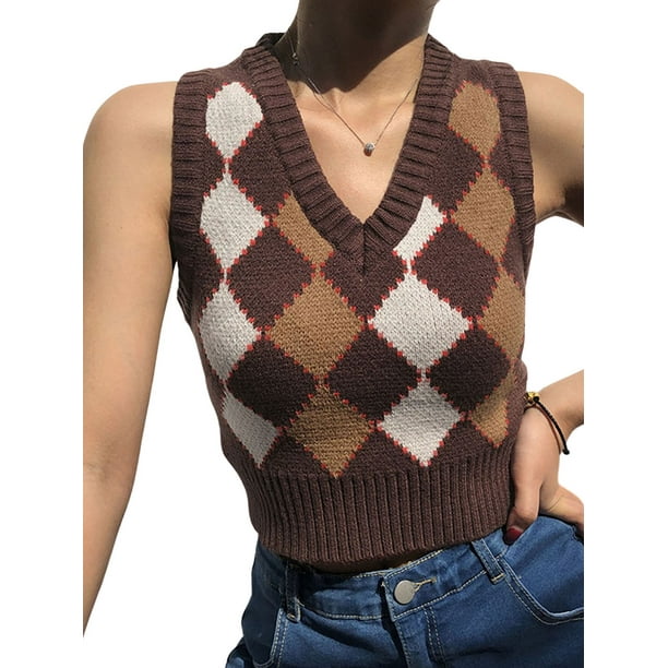 EYIIYE Women?s Classic Argyle Sweater Vest, Sleeveless V Neck