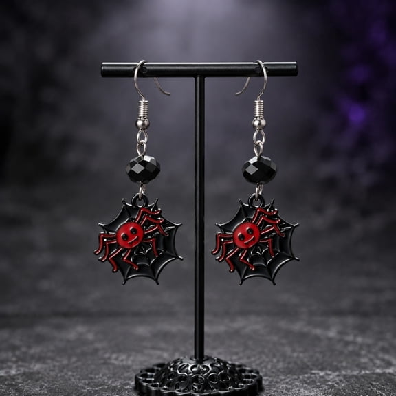 Gaecuw B Style Halloween Spider Earrings Black Metal with Red Rhinestone Drops for Party Gothic Jewelry Supplies