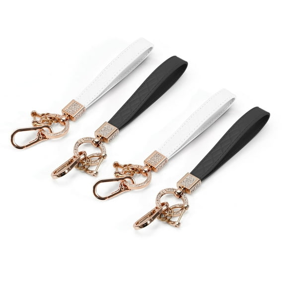 Sekonow 4Pcs Leather Keychain Wristlet, Rhinestone Inlaid Alloy Car Key Chain, 360°Rotatable Wrist Fob Keychain Holder with 4 Key Ring   Anti-Lost D Ring   Carabiner Clip, Black   White