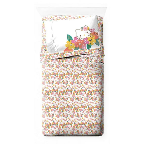 Jay Franco Hello Kitty Twin Size Sheet Set - Super Soft 3 Piece Bedding Set - Floral Microfiber Sheets Includes Reversible Pillow Covers
